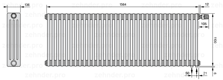 Схема (чертеж) Радиатор Zehnder Charleston 4110/34 №V002 Белый глянцевый RAL 9016